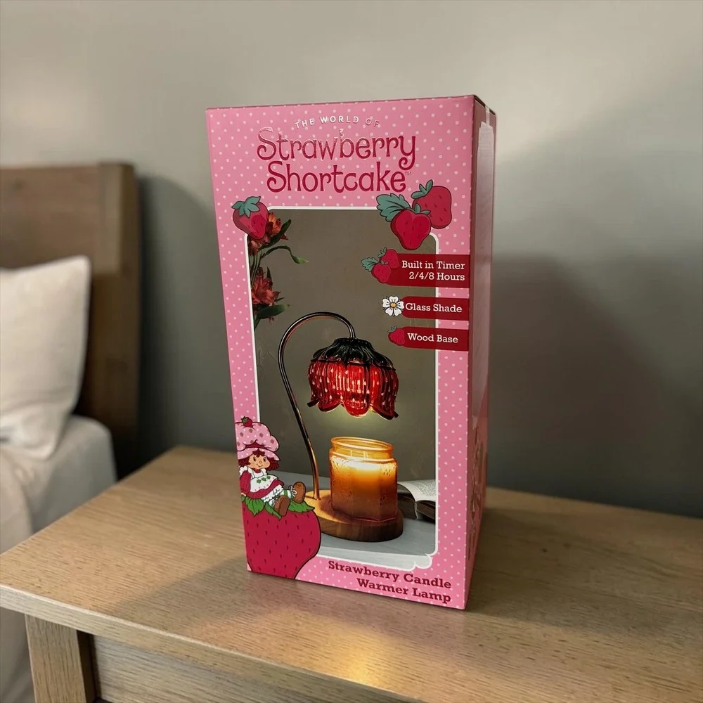 Strawberry Shortcake Candle Warmer Lamp Red Pink New Glass Shade Wood Base Timer
